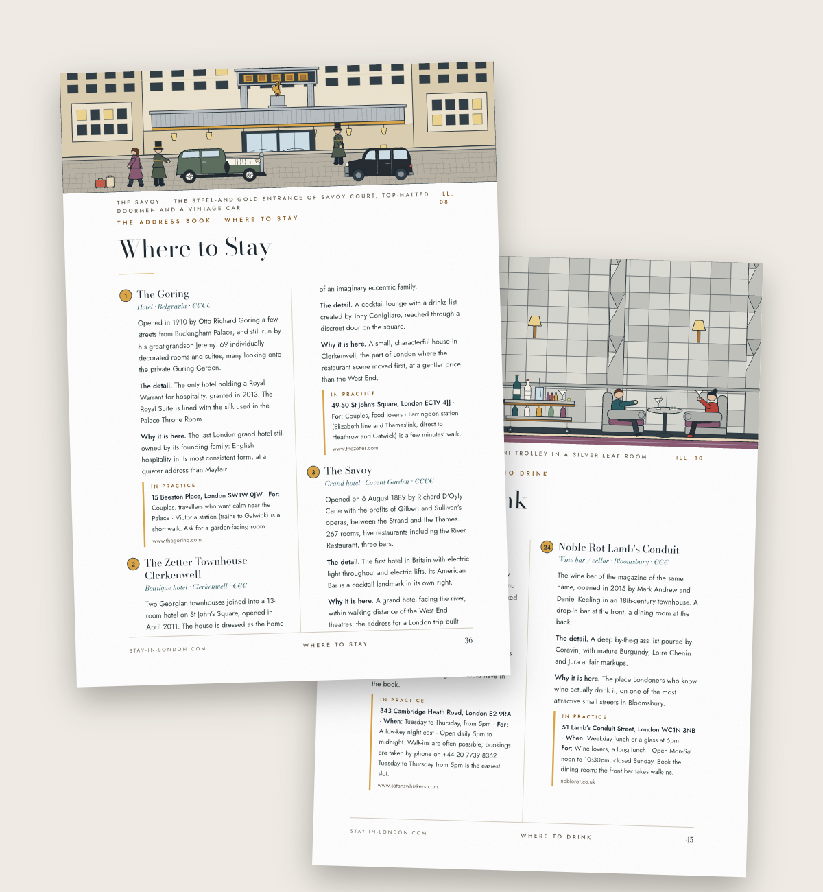 Two chapter openings from The London City Guide, Where to Stay and Where to Drink, with their illustrations