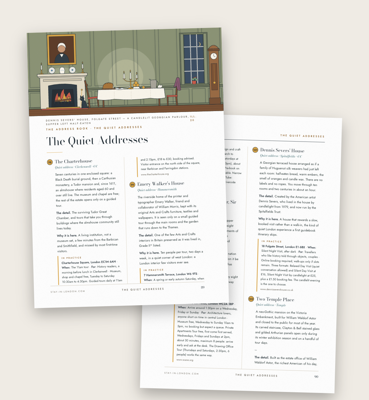 Two plates from The Quiet Addresses chapter of The London City Guide, with the reason each address is in the book